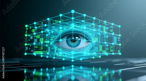 Digital eye in glowing cubic grid 3D visualization of advanced observation and processing Illustration highlights Synthetic Data power in technological applications eye-level view