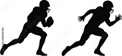 Silhouettes of two American football players in motion, showcasing athletic energy, competitive spirit, and dynamic action in sports-themed black and white illustration.