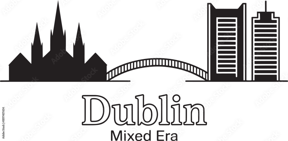 Naklejka premium Dublin mixed era cityscape featuring historic spires, a bridge, and modern office blocks
