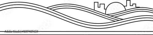 Abstract wavy lines representing hills with dome building and city blocks in minimal style