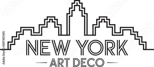 Art deco New York city skyline graphic with geometric building shapes and stylish typography