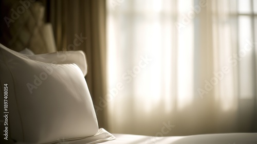 Hotel bed with crisp white linens and decorative pillow in soft morning light through sheer curtains.
