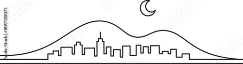 Cityscape silhouette at night with crescent moon above mountains and modern buildings