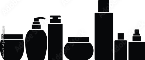 Collection of black icons representing various cosmetic bottles and containers isolated on a white background