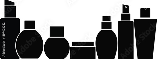 Collection of various black silhouette cosmetic bottles and containers isolated on transparent background for design