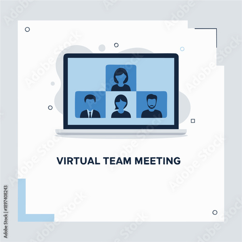 Vector illustration of virtual team meeting graphic with laptop screen showing four participants — ideal for remote collaboration, business communication, and online work presentations.