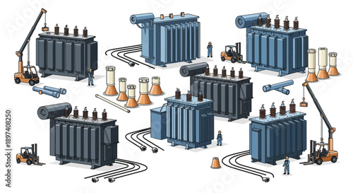 An isometric illustration depicting a collection of large electrical transformers being assembled and transported with the aid of forklifts and cranes.