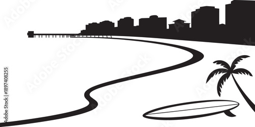 Coastal beach silhouette featuring palm tree surfboard and city skyline along ocean shore