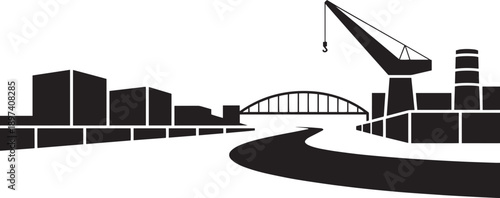 Cityscape with buildings bridge river and crane on transparent background vector graphic