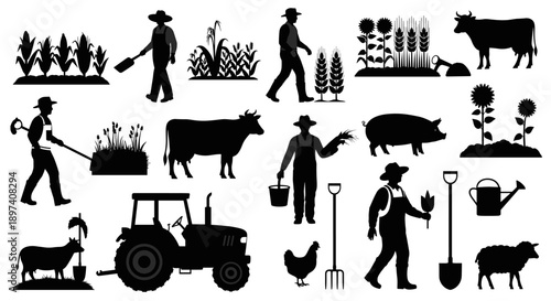 Collection of Silhouette Icons Depicting Agricultural Activities, Farm Animals, and Machinery, Showcasing Rural Life and Farming Operations