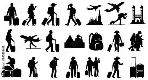 Silhouette vector icons set representing travelers with luggage, suitcases, and backpacks, often seen at airports and train stations