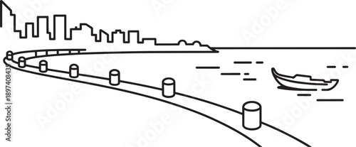 Coastal city skyline with curving bay promenade and small boat on water line art drawing