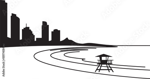 Coastal beach skyline silhouette with lifeguard tower and ocean waves at sunset scenery