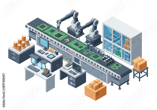 Automated assembly line in a modern factory with robotic arms and computer control systems