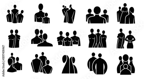 Collection of minimalist black and white icons depicting various groups of people in different formations, representing teamwork, community, and social interaction