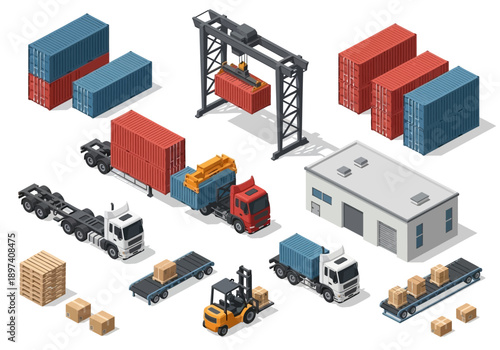 Logistics and cargo transportation with forklifts, cranes, trucks, and warehouses