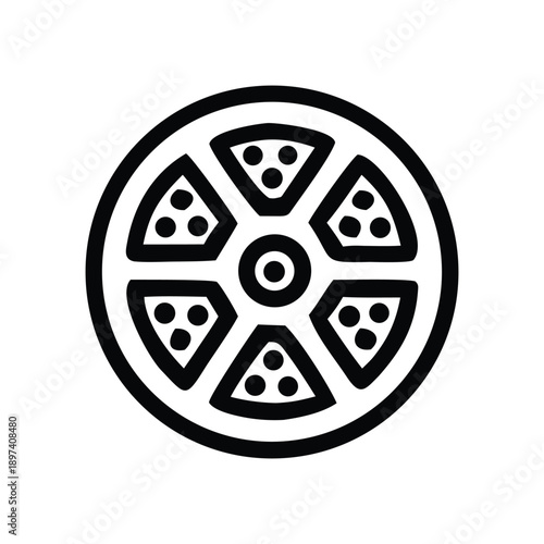 Stylized outline icon of a delicious pizza or savory pie, segmented into triangular slices with dotted toppings, perfect for food menus and restaurant branding graphics