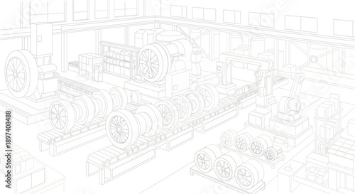 Blueprint sketch of a large industrial factory interior with multiple heavy machinery units and conveyor belts.