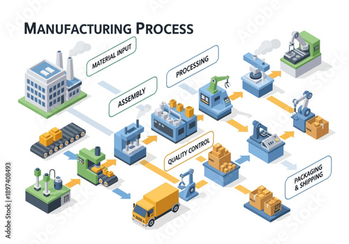Illustrative diagram showcasing the key stages of a modern manufacturing process, from material input to shipping