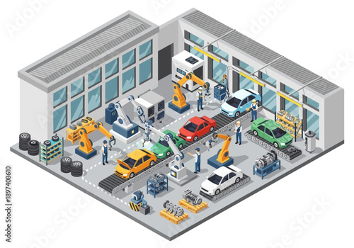 Automobile Manufacturing Process with Robotic Arms on Assembly Line in a Modern Factory