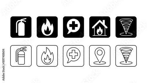 Collection of safety and emergency icons for natural disasters and hazard situations