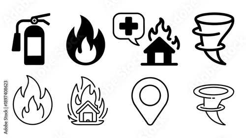 Essential emergency and natural disaster icons for safety and alert systems