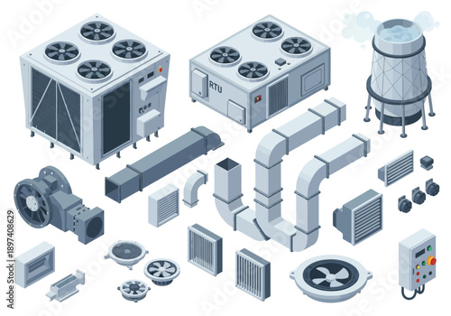 Isometric HVAC system components for climate control and air conditioning in buildings