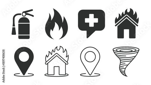 Emergency and disaster preparedness icons with symbols for fire, medical help, and natural events