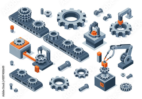 Industrial automation and manufacturing process with conveyor belts, robots, and gears