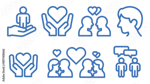 Illustrative blue line icons depicting human connection, love, relationship, and communication