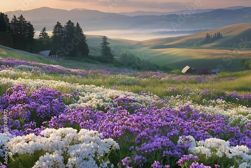 Peaceful meadow filled with purple and white phlox flowers, early spring morning light 