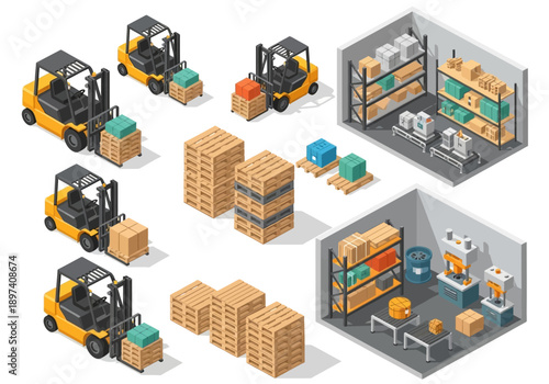 Isometric warehouse and logistics illustrations featuring forklifts, pallets, and shelving units for storage and delivery services