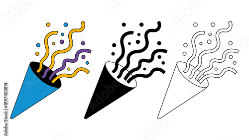 Set of three party popper icons showing confetti bursting out in various styles