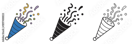 Set of three party popper icons showing confetti bursting out in various styles