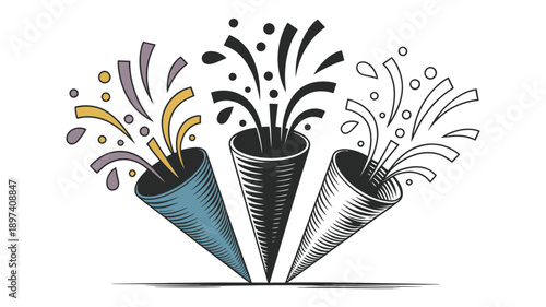 Three vibrant party poppers bursting with confetti, celebrating a festive occasion