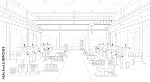 A detailed line drawing of a factory floor with rows of industrial machinery and overhead cranes.