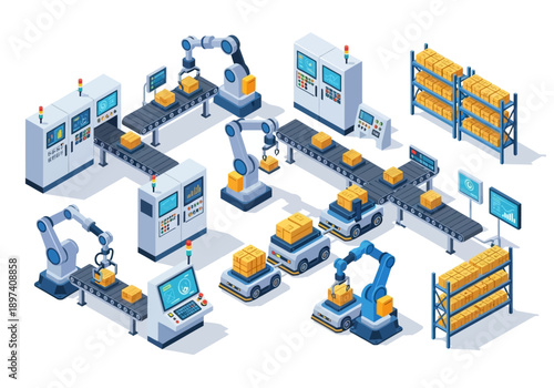 Automated warehouse with conveyor belts, robotic arms, and automated guided vehicles for logistics and manufacturing