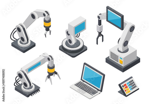 Isometric robotic arms and a laptop, representing automation and technology in modern industry