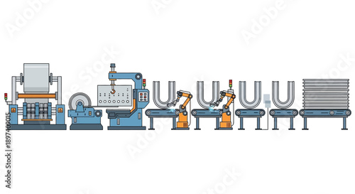 Automated industrial production line with robotic arms and machinery for manufacturing U-shaped components.