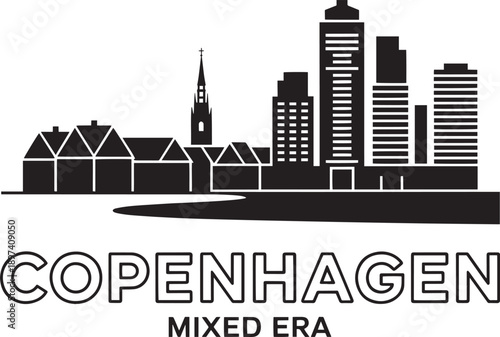 Copenhagen cityscape silhouette, mixed era buildings and river, vector art
