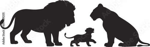 Silhouette of African lion family with male lion, lioness and cub, wildlife conservation concept, animal parenting, strength, protection, unity on white background