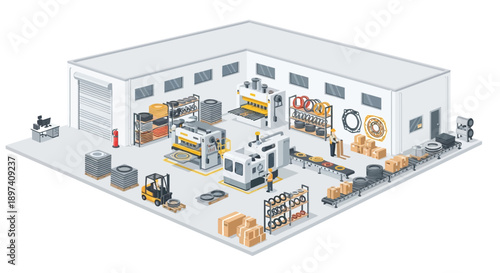 An isometric illustration of a modern manufacturing facility showcasing various industrial machines and processes.