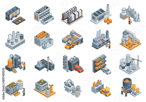 Isometric industrial buildings and factories with different machinery and vehicles for production processes