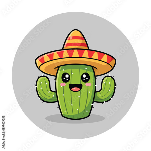Cute happy green cactus character wearing Mexican sombrero hat vector illustration.