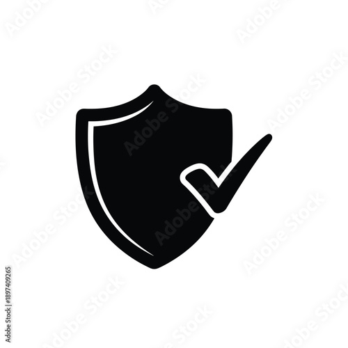Shield with check mark icon for cybersecurity protection and verified safety badge representing trust and secure data defense isolated on white background for branding and mobile application interface
