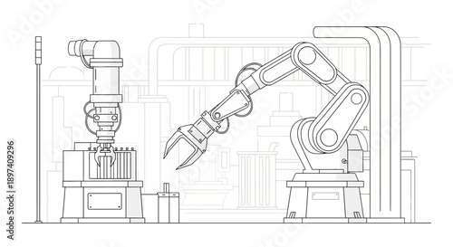 An industrial robotic arm is shown in a factory setting, performing a task with precision and automation.
