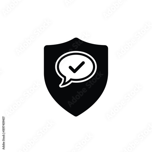 Shield with speech bubble and check mark symbol of protected communication, verified message, trusted dialogue, secure information exchange, and confirmed feedback icon