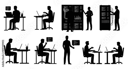 Silhouette illustrations showcasing professionals working with computers and technology in various settings, depicting coding, data analysis, and IT support activities