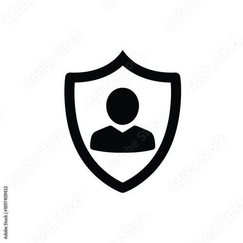 Shield with user profile icon symbol of personal protection, user security, identity verification, privacy guarantee, access control, and safe account management icon