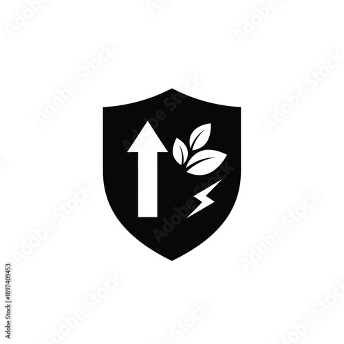 Shield icon with up arrow leaves and lightning bolt symbols represents environmental protection sustainable growth energy efficiency green technology security measures conservation efforts and safety